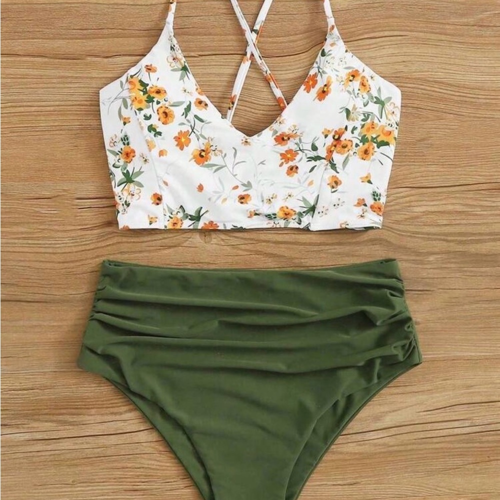 White & Green Floral Bikini